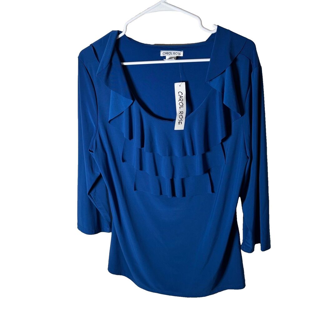 Carole Rose Blouse Women's XL Blue Ruffle 3/4 Sleeve Round Neck Shirt Top NWT
